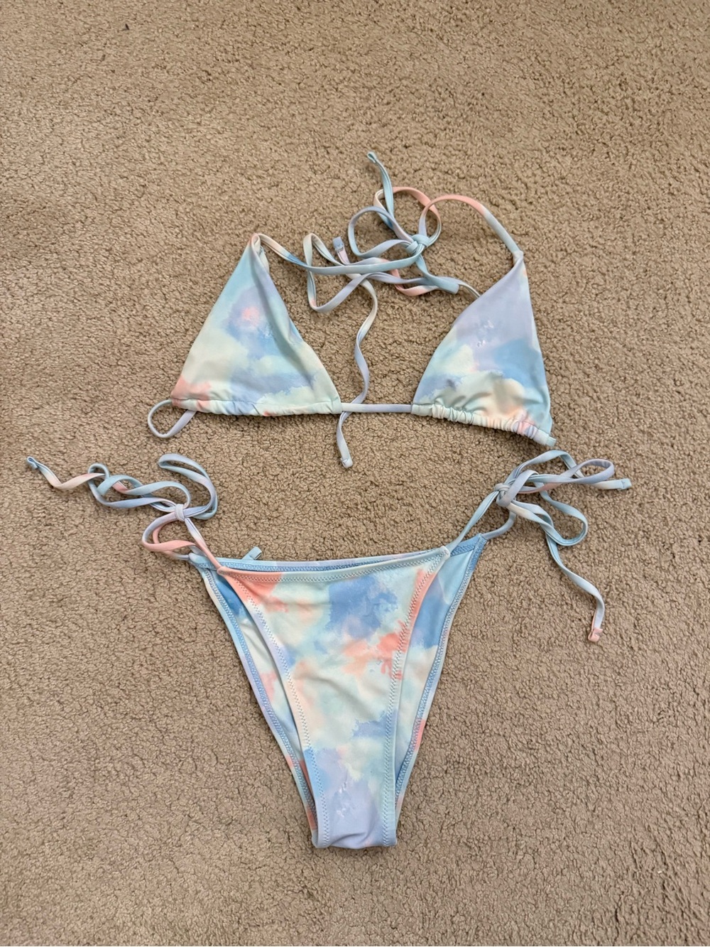 SHEIN Pastel Tie-Dye Triangle String Bikini in Blue, Pink & Cream